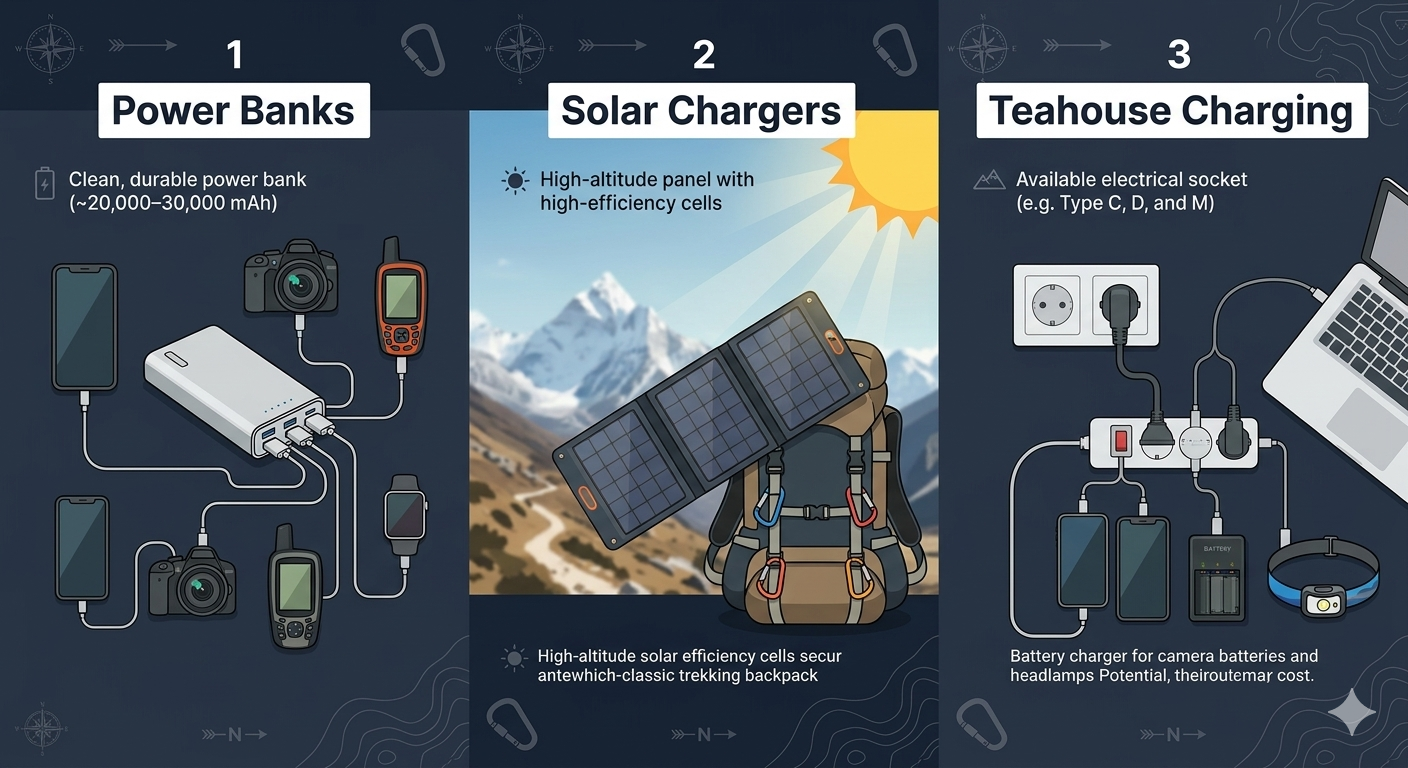 Three best ways to charge devices on Everest Base Camp Trek – power banks, solar chargers, and teahouse charging infographic